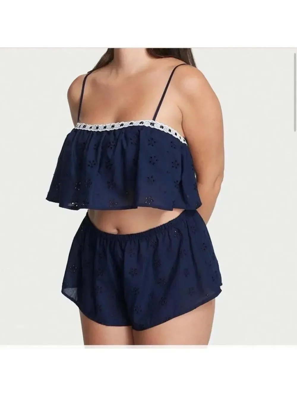 Victorias Secret Navy Blue Eyelet Matching Set Size Large Coquette Whimsy Lace